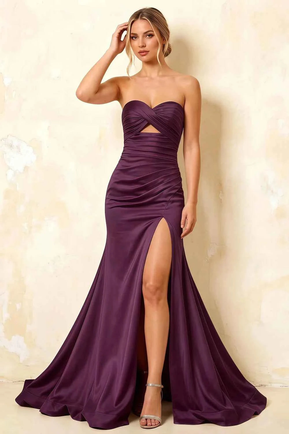 Jean Grape Satin Twist Knot Mermaid Maxi Dress