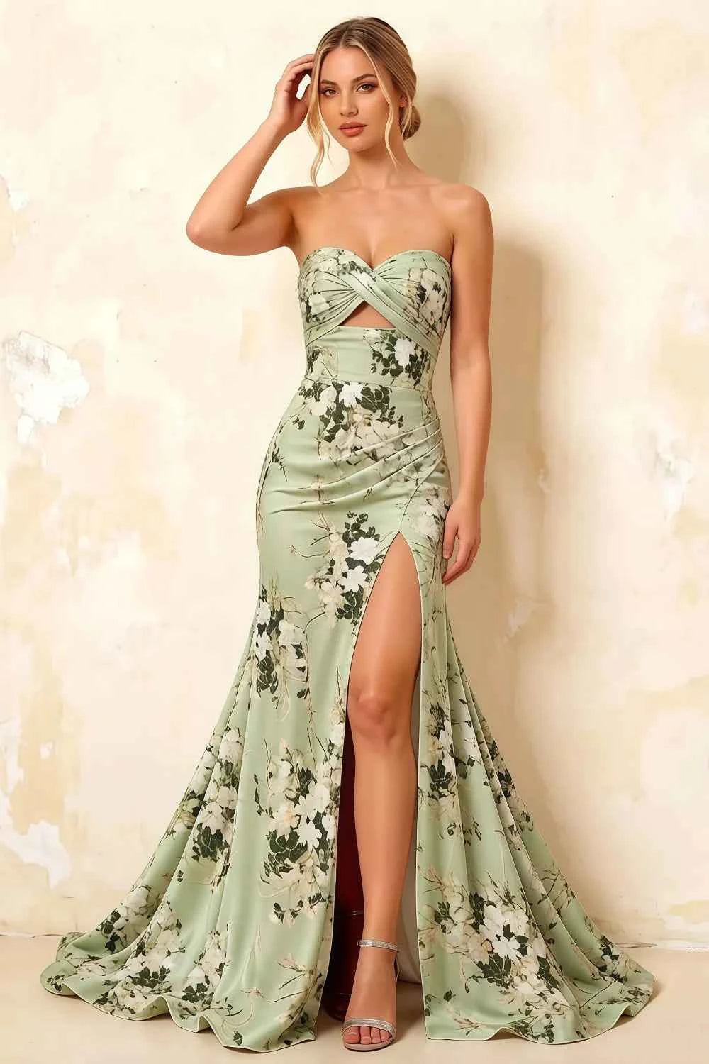 Jean Green Floral Twist Knot Mermaid Maxi Dress