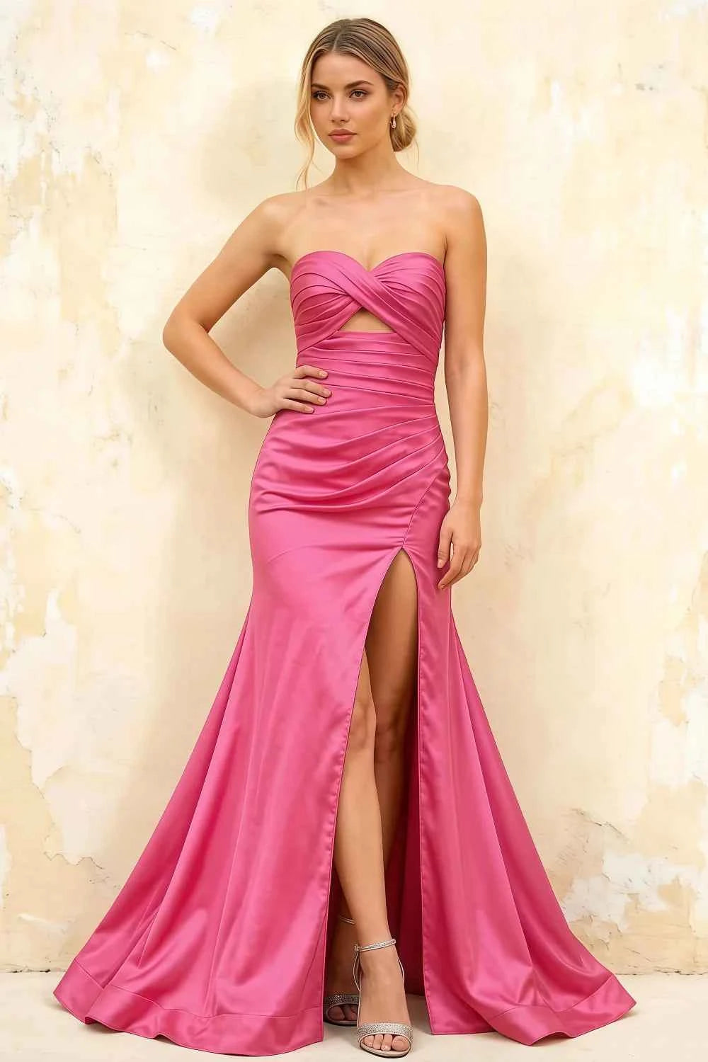 Jean Hot Pink Satin Twist Knot Mermaid Maxi Dress Main image