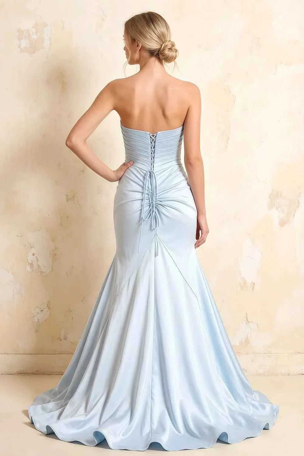 Jean Light Blue Satin Twist Knot Mermaid Maxi Dress