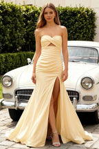 Jean Light Yellow Satin Twist Knot Mermaid Maxi Dress