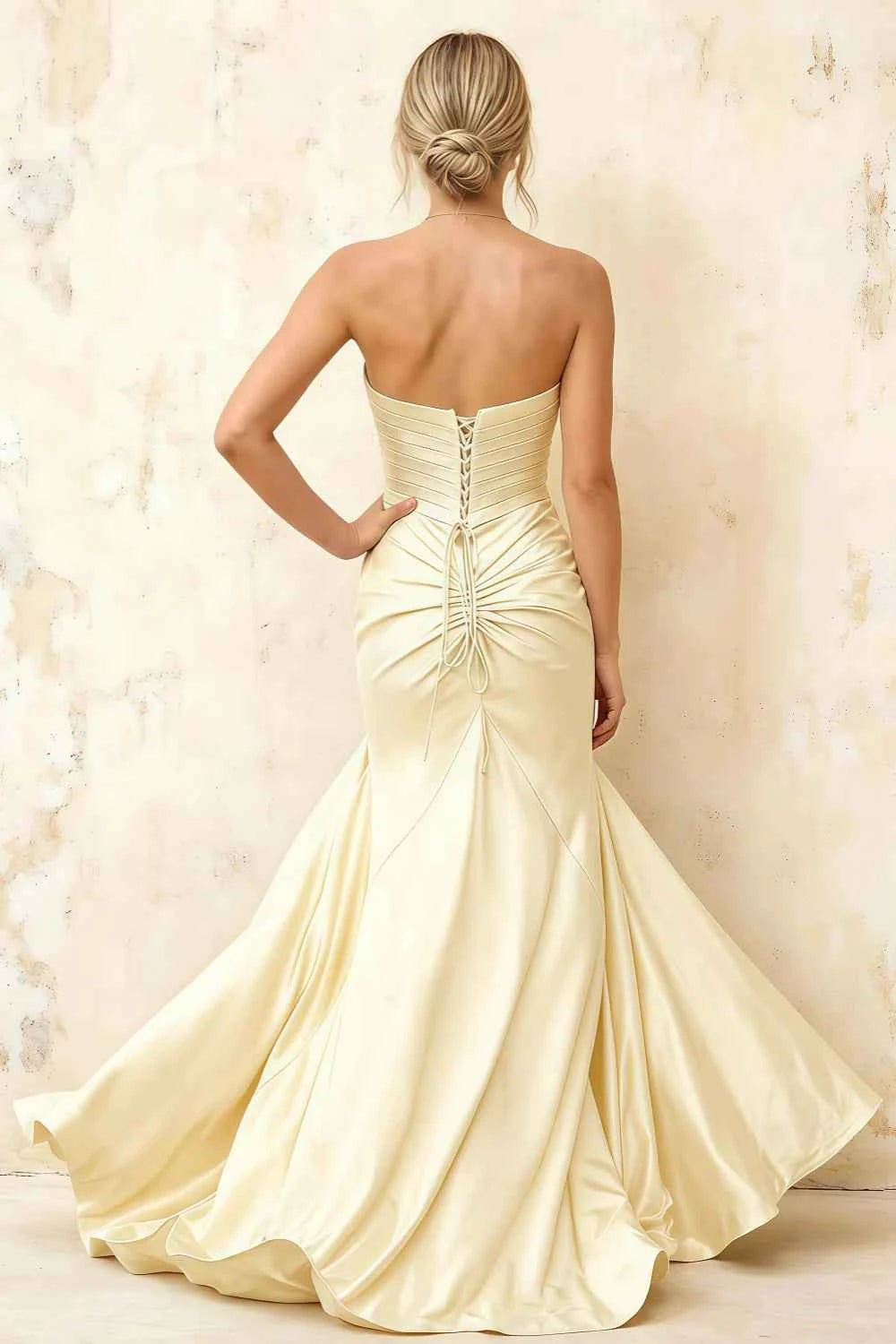 Jean Light Yellow Satin Twist Knot Mermaid Maxi Dress