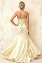 Jean Light Yellow Satin Twist Knot Mermaid Maxi Dress