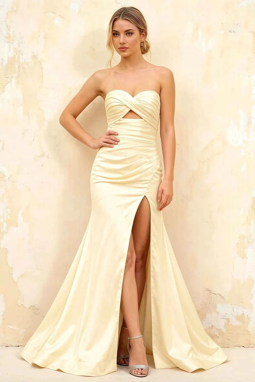 Jean Light Yellow Satin Twist Knot Mermaid Maxi Dress
