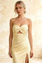 Jean Light Yellow Satin Twist Knot Mermaid Maxi Dress