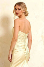 Jean Light Yellow Satin Twist Knot Mermaid Maxi Dress
