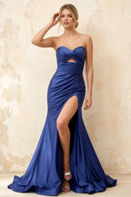 Jean Navy Blue Satin Twist Knot Mermaid Maxi Dress