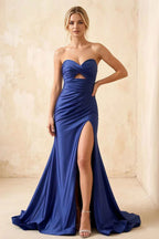 Jean Navy Blue Satin Twist Knot Mermaid Maxi Dress