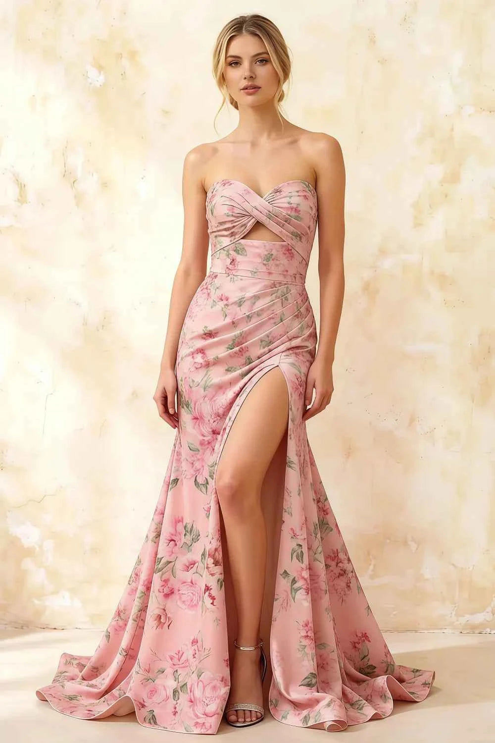 Jean Pink Floral Twist Knot Mermaid Maxi Dress