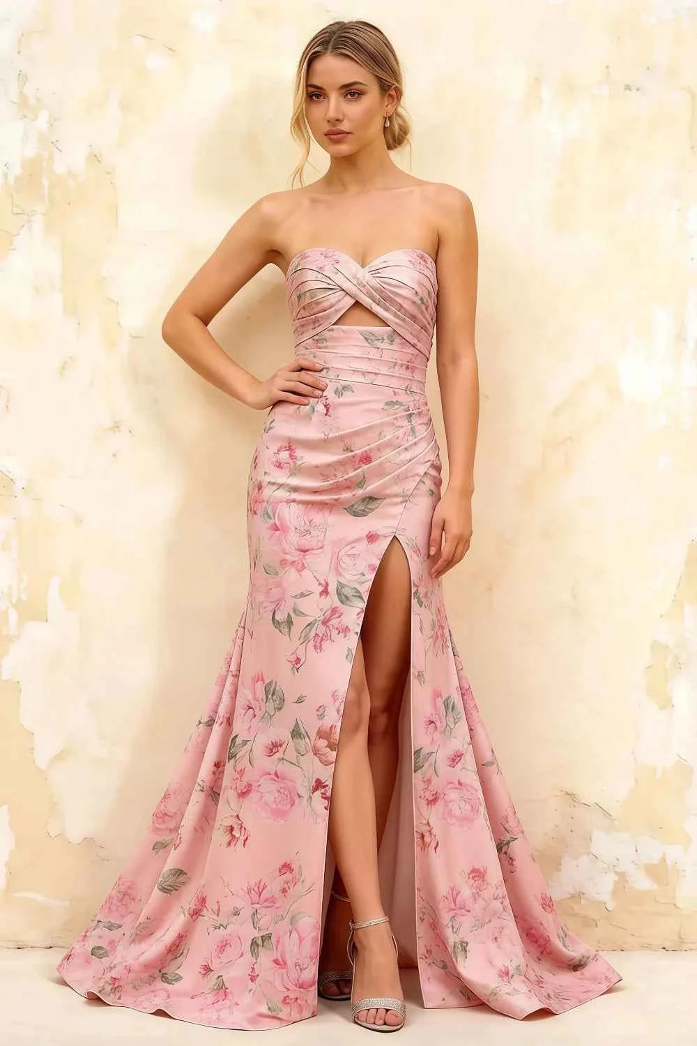 Jean Pink Floral Twist Knot Mermaid Maxi Dress