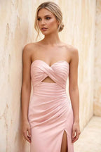 Jean Pink Satin Twist Knot Mermaid Maxi Dress