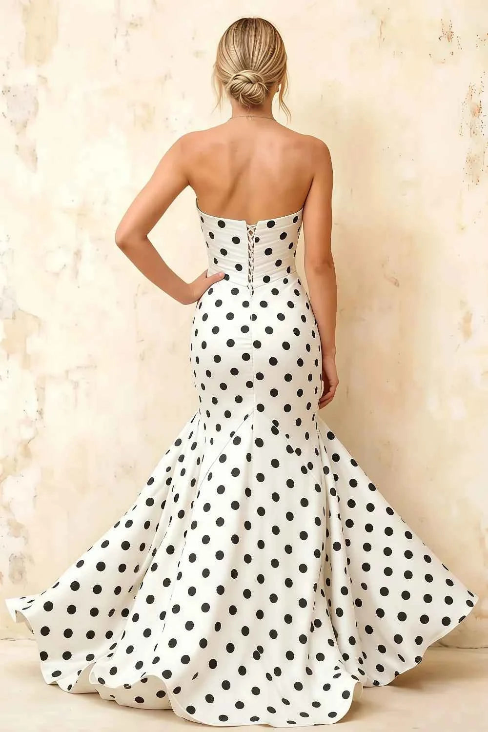 Jean White Polka Dot Twist Knot Mermaid Maxi Dress