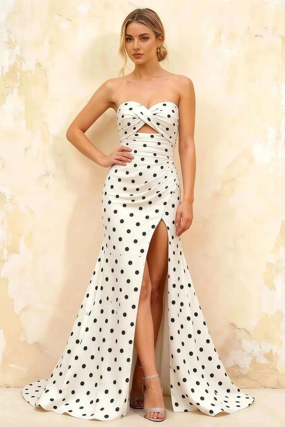Jean White Polka Dot Twist Knot Mermaid Maxi Dress