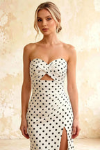 Jean White Polka Dot Twist Knot Mermaid Maxi Dress