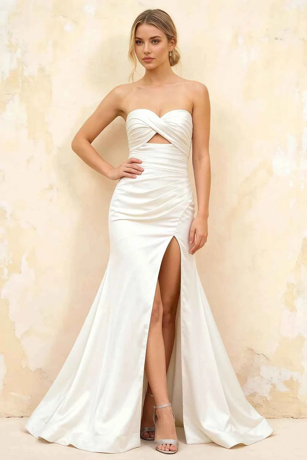 Jean White Satin Twist Knot Mermaid Maxi Dress