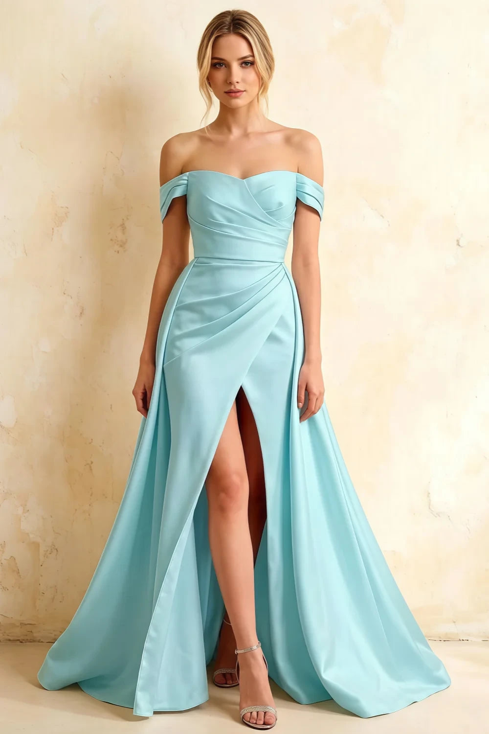 Jeanne Baby Blue Satin Off Shoulder Maxi Dress Main image