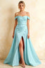 Jeanne Baby Blue Satin Off Shoulder Maxi Dress