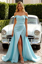 Jeanne Baby Blue Satin Off Shoulder Maxi Dress
