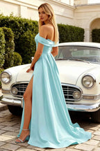 Jeanne Baby Blue Satin Off Shoulder Maxi Dress