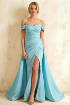 Jeanne Baby Blue Satin Off Shoulder Maxi Dress