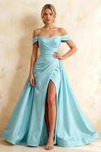 Jeanne Baby Blue Satin Off Shoulder Maxi Dress