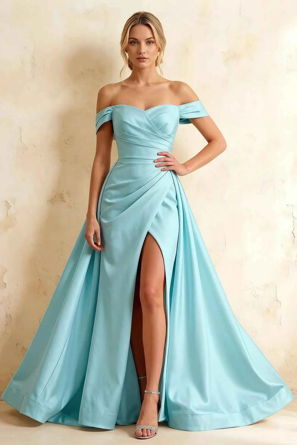Jeanne Baby Blue Satin Off Shoulder Maxi Dress