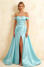 Jeanne Baby Blue Satin Off Shoulder Maxi Dress