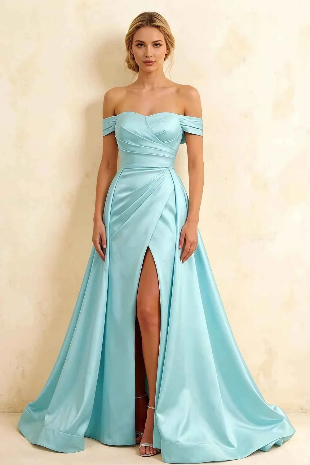 Jeanne Baby Blue Satin Off Shoulder Maxi Dress