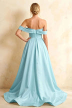Jeanne Baby Blue Satin Off Shoulder Maxi Dress