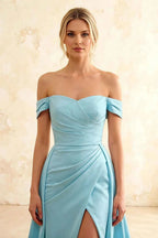 Jeanne Baby Blue Satin Off Shoulder Maxi Dress