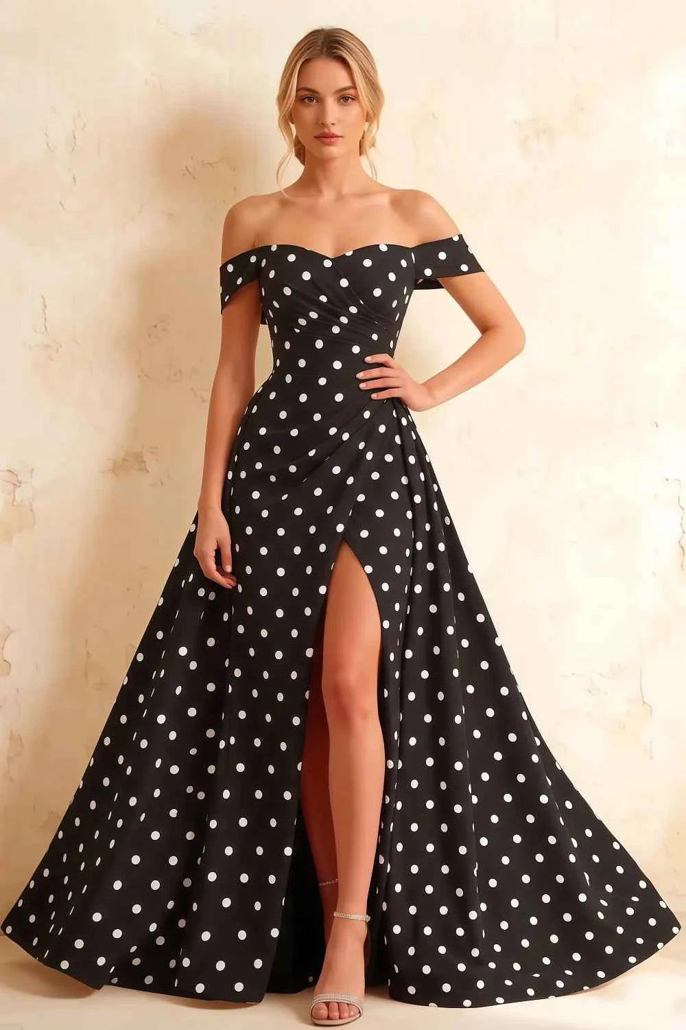 Jeanne Black Polka Dot Satin Off Shoulder Maxi Dress