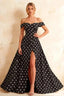 Jeanne Black Polka Dot Satin Off Shoulder Maxi Dress