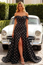 Jeanne Black Polka Dot Satin Off Shoulder Maxi Dress