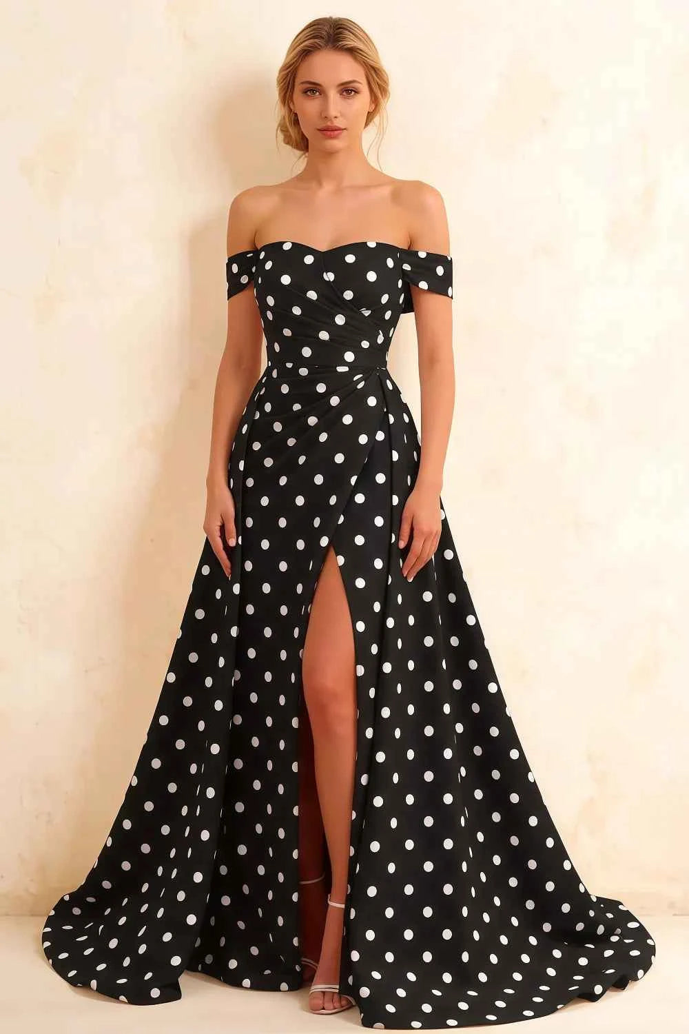 Jeanne Black Polka Dot Satin Off Shoulder Maxi Dress