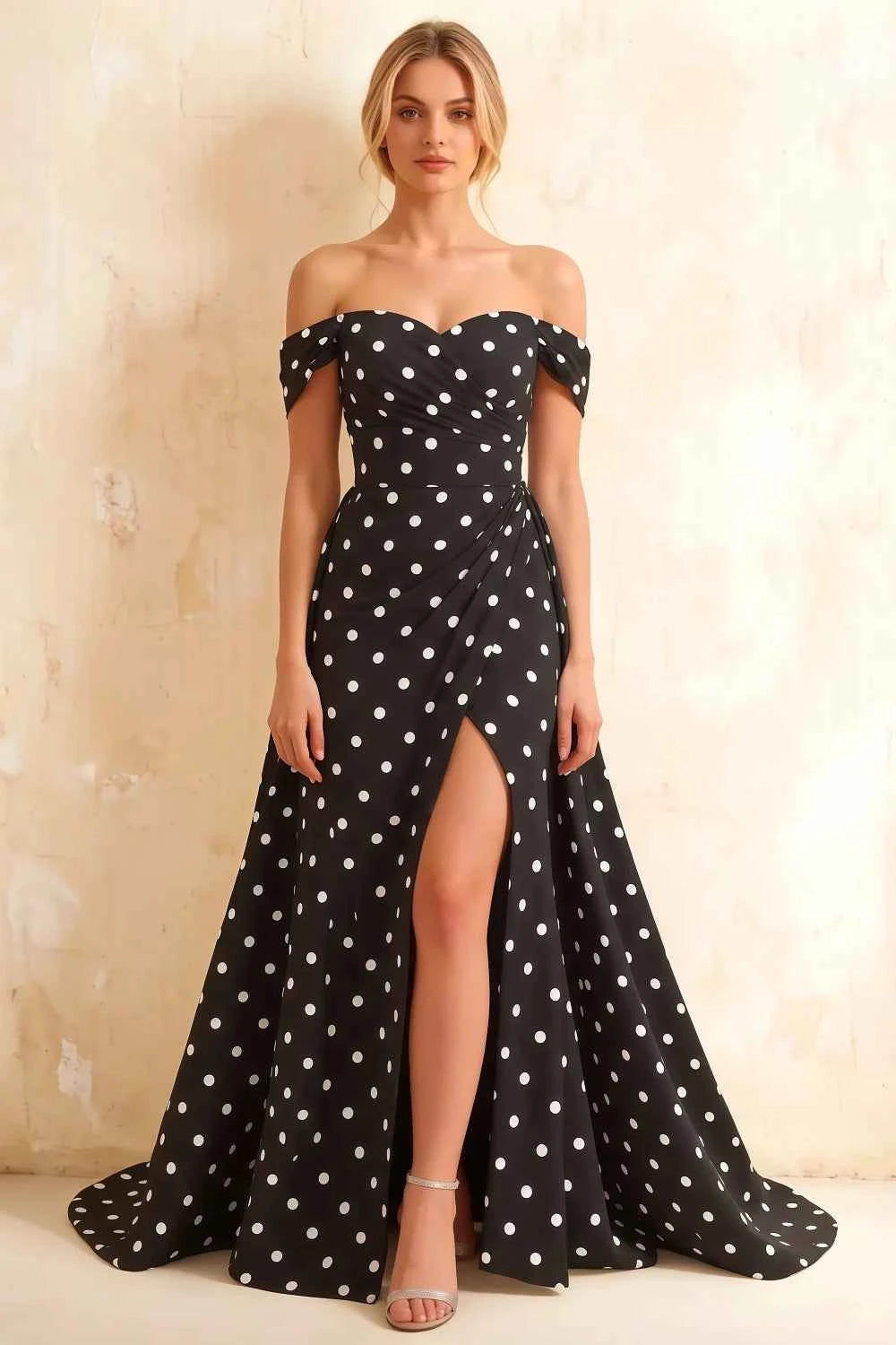 Jeanne Black Polka Dot Satin Off Shoulder Maxi Dress