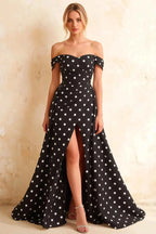 Jeanne Black Polka Dot Satin Off Shoulder Maxi Dress