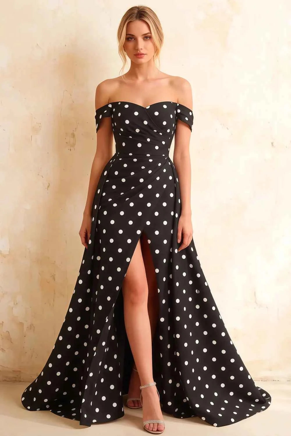 Jeanne Black Polka Dot Satin Off Shoulder Maxi Dress
