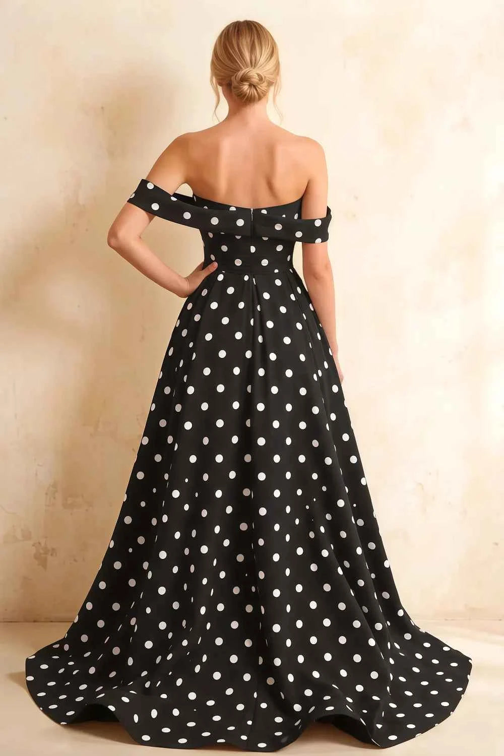 Jeanne Black Polka Dot Satin Off Shoulder Maxi Dress
