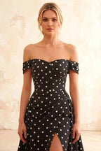 Jeanne Black Polka Dot Satin Off Shoulder Maxi Dress