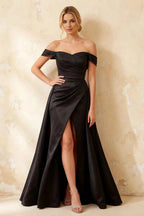 Jeanne Black Satin Off Shoulder Maxi Dress
