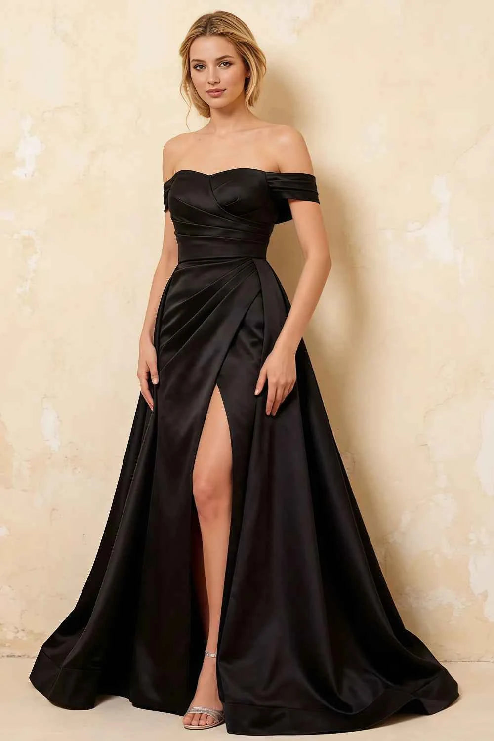 Jeanne Black Satin Off Shoulder Maxi Dress