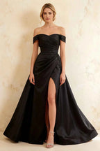 Jeanne Black Satin Off Shoulder Maxi Dress