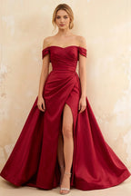 Jeanne Burgundy Satin Off Shoulder Maxi Dress