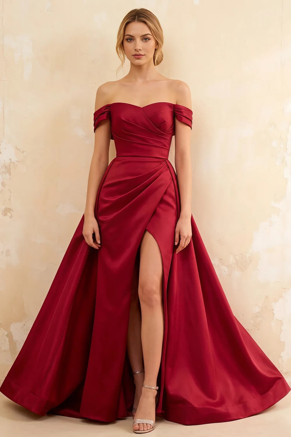 Jeanne Burgundy Satin Off Shoulder Maxi Dress