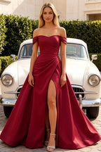 Jeanne Burgundy Satin Off Shoulder Maxi Dress