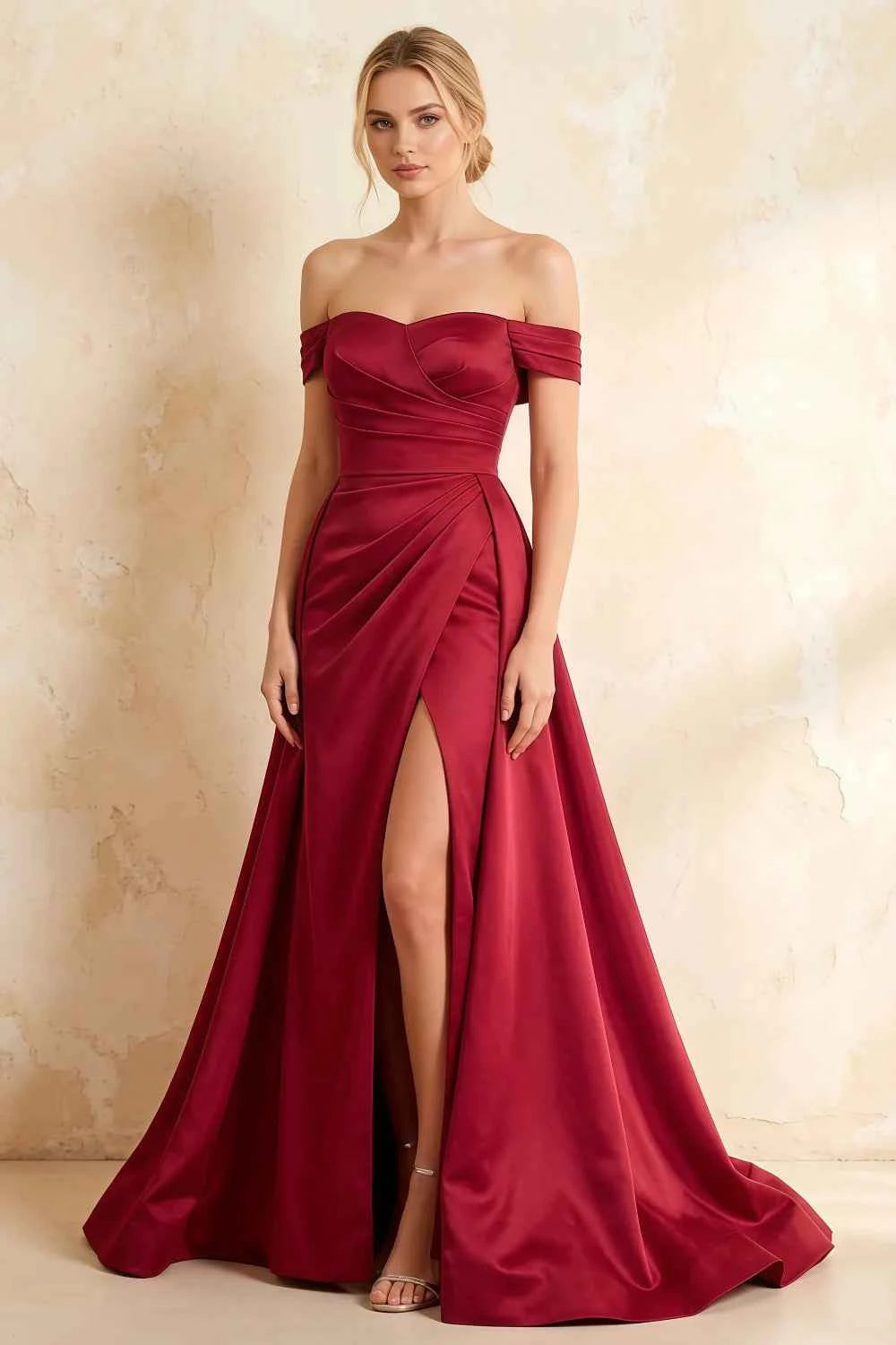 Jeanne Burgundy Satin Off Shoulder Maxi Dress