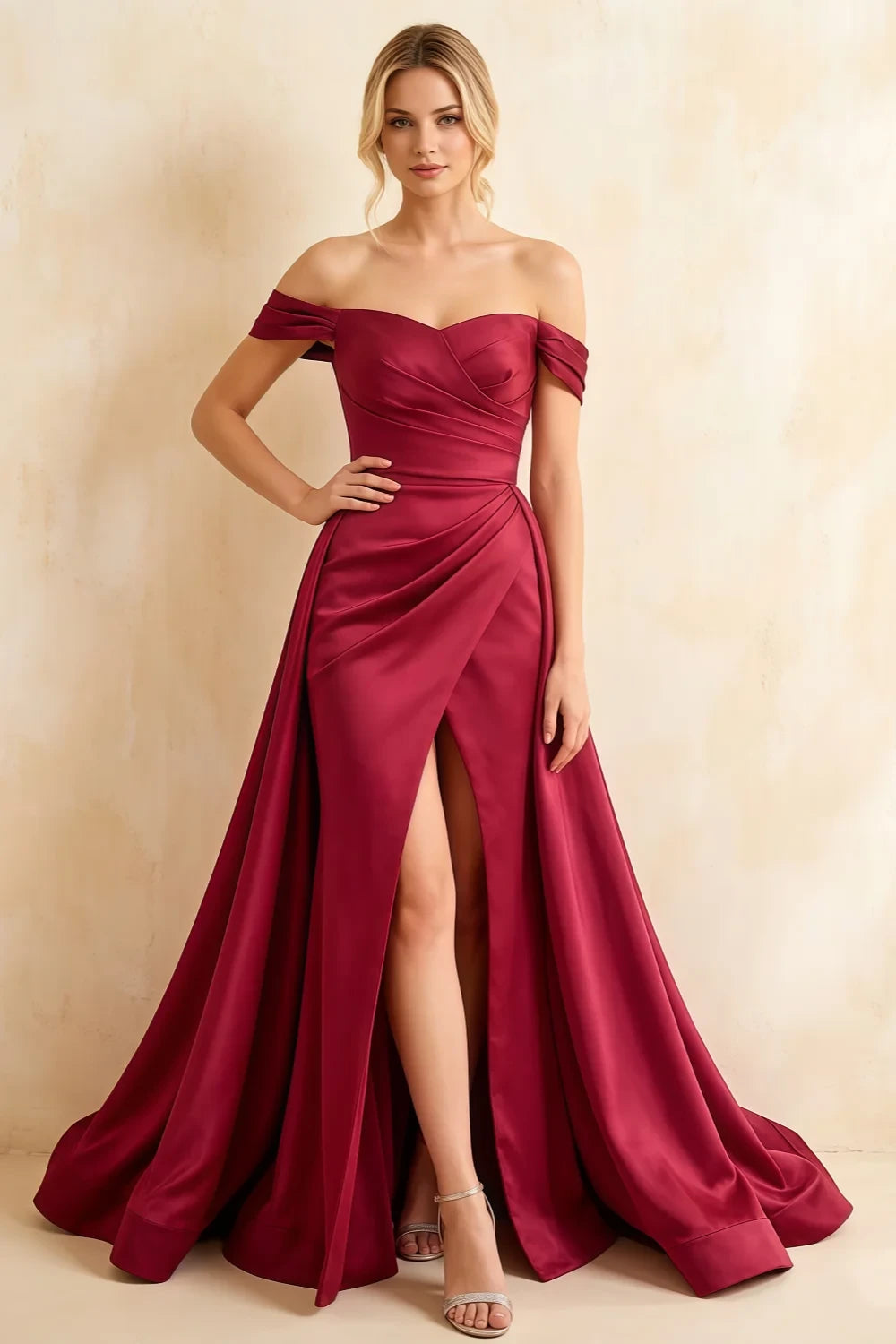 Jeanne Burgundy Satin Off Shoulder Maxi Dress