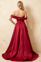 Jeanne Burgundy Satin Off Shoulder Maxi Dress