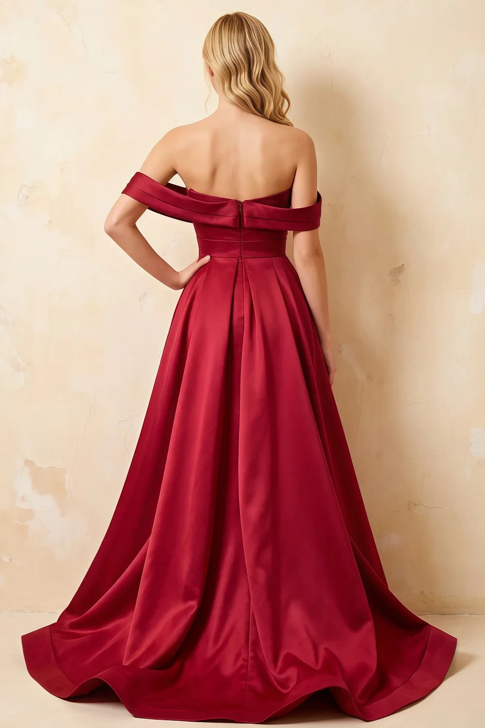 Jeanne Burgundy Satin Off Shoulder Maxi Dress