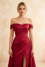 Jeanne Burgundy Satin Off Shoulder Maxi Dress